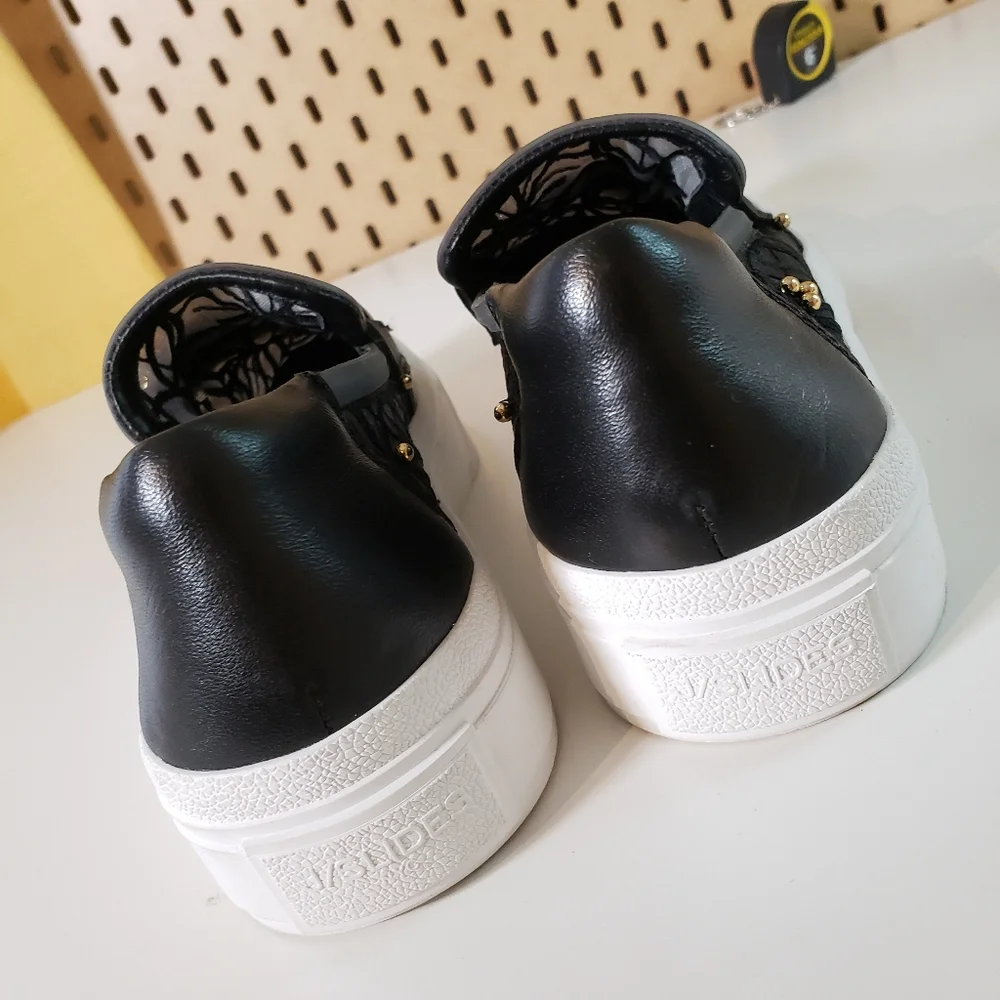 J Slides Black Lace Platform Loafers with Gold Hardware
